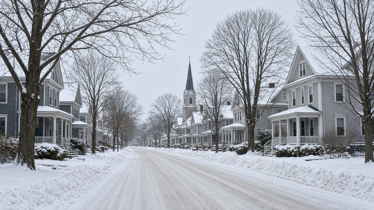 Snowy Syracuse-area residential street with older houses and a distant church steeple