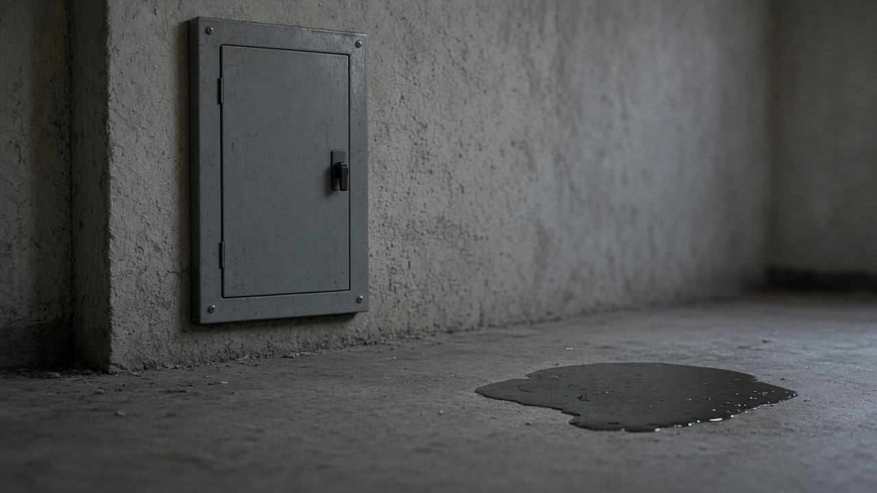 Closed dry electrical panel with a wet floor patch several feet away