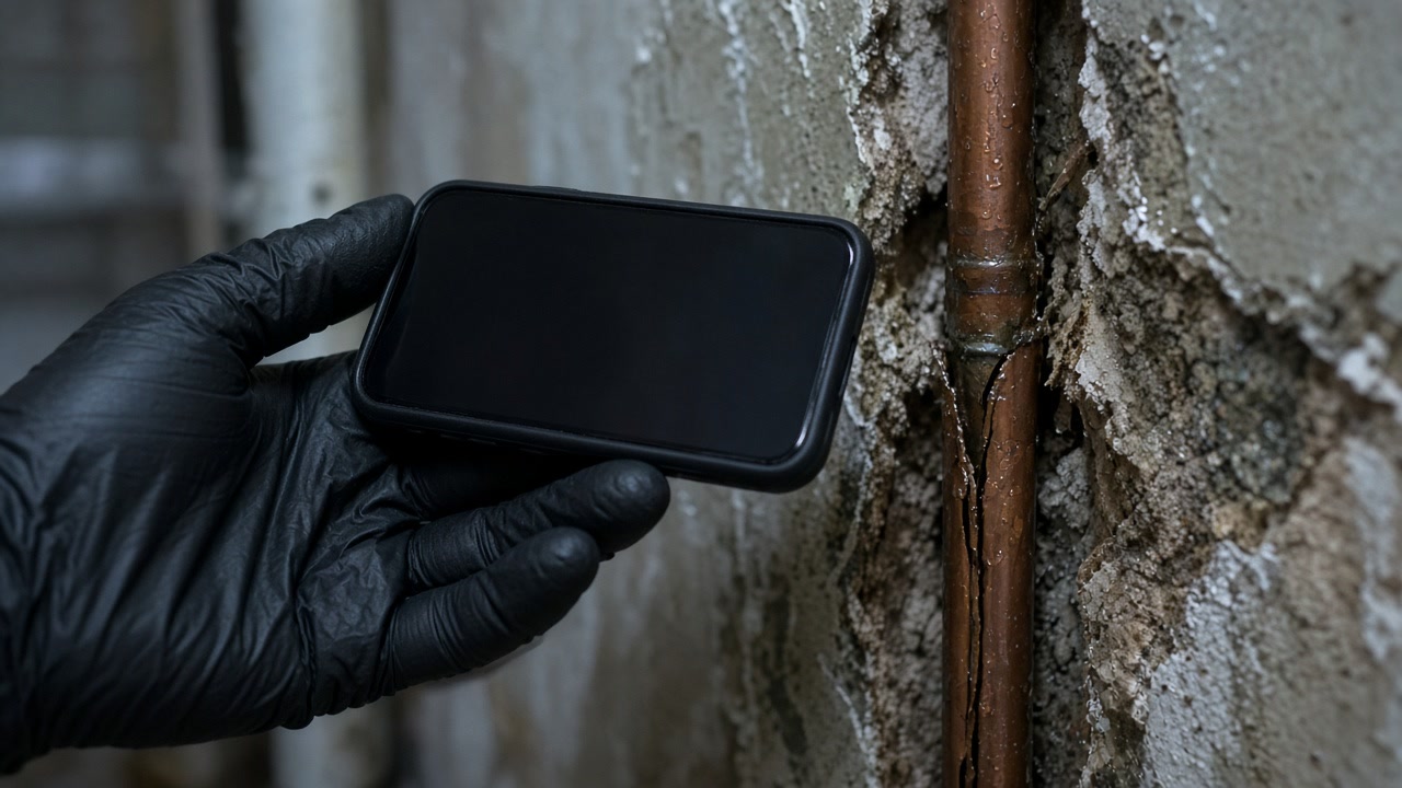 Gloved hand holding a smartphone photographing a split copper pipe with the screen dark and out of focus