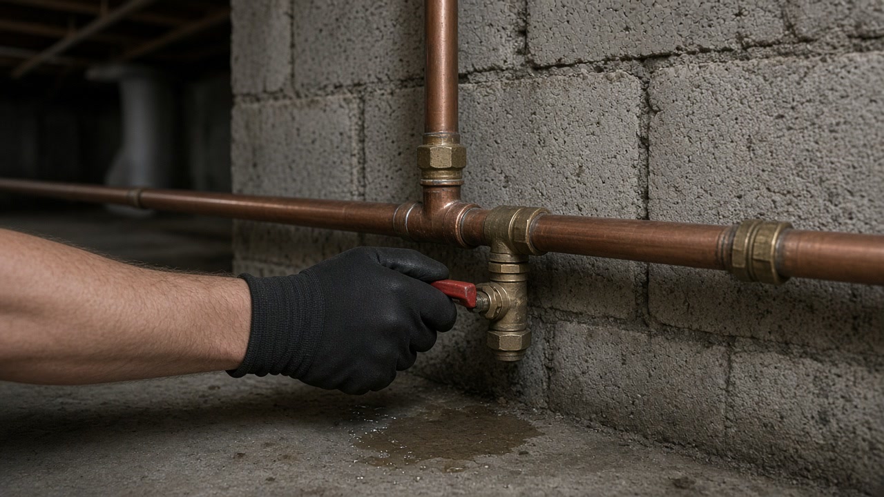 Gloved hand turning a red-handled shutoff on a copper line at a stone foundation with only a slight water film