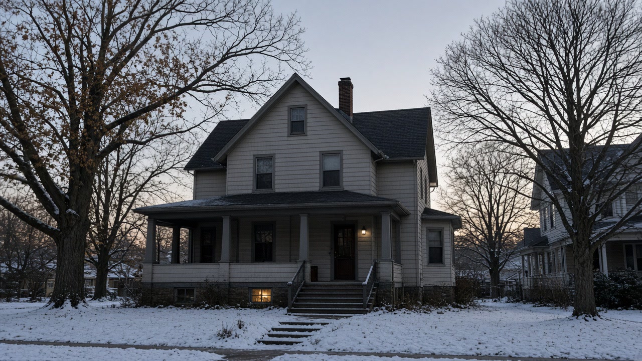 Early-20th-century Syracuse two-story wood-frame house at winter dusk with porch, snow, and a lit basement window
