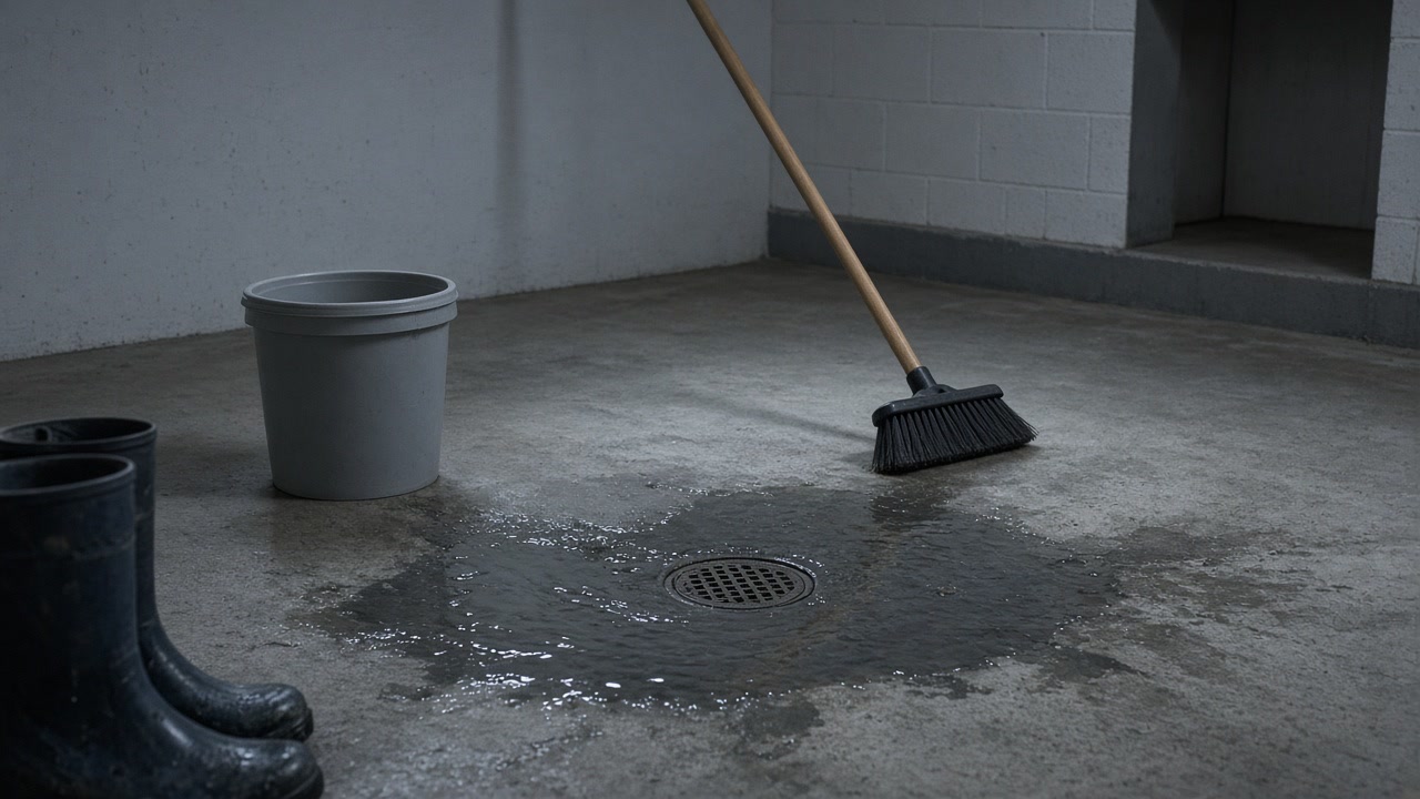 Basement floor drain with dark pooled water, broom, closed bucket, and rubber boots at the frame edge
